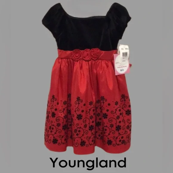 Youngland | Dresses | Nwt Youngland Flocked Holiday Dress Red Black  Velveteen Flocked Size 4 | Poshmark